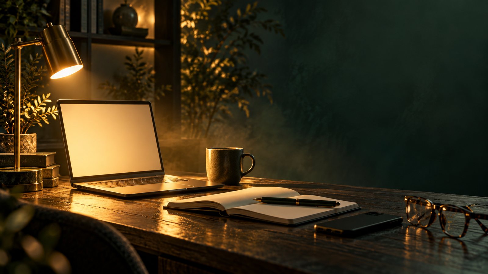 A tidy desk at night: laptop glowing softly, coffee, an open notebook and reading glasses under a warm lamp