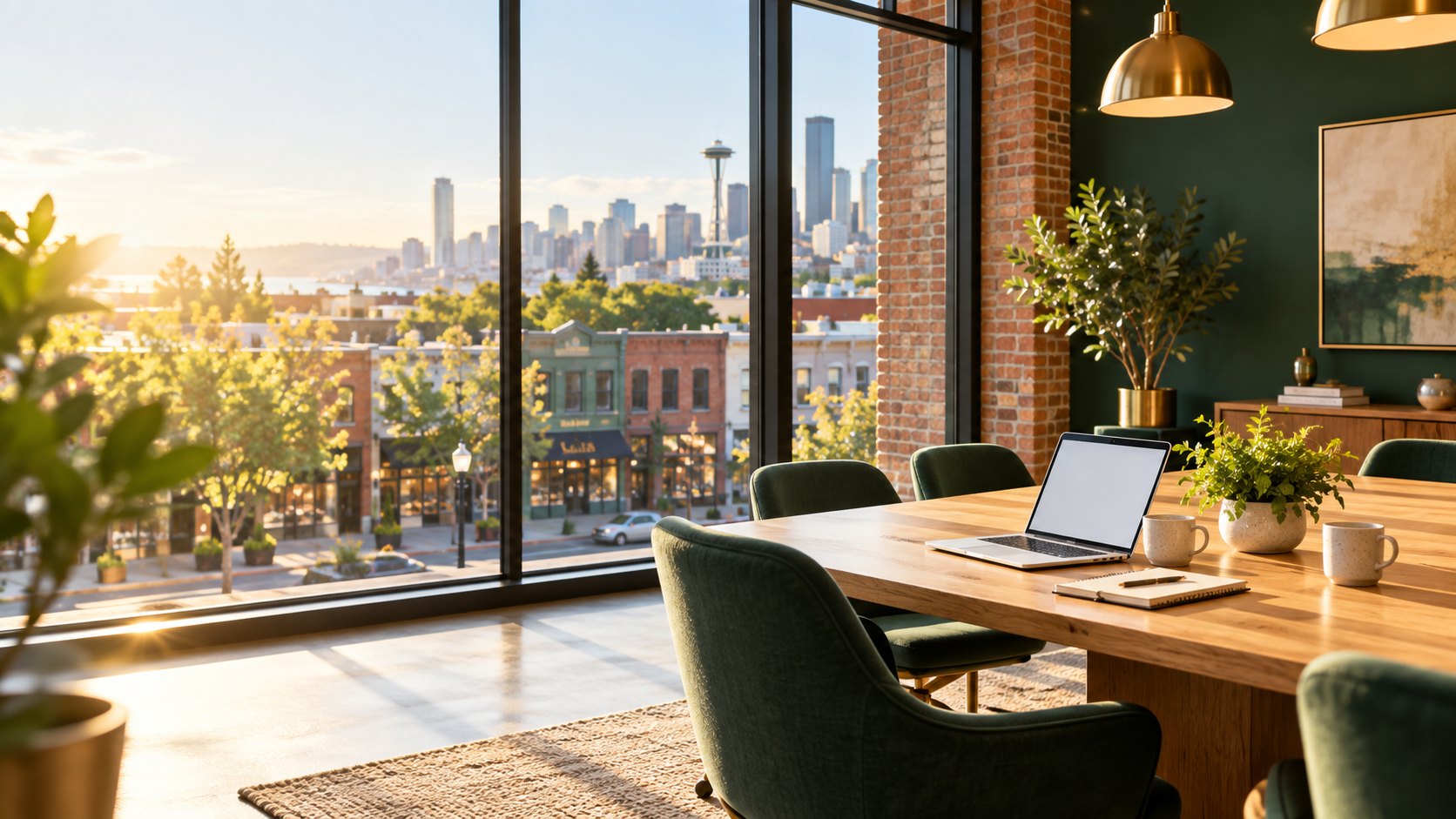A sunlit meeting room in a renovated brick building, looking out over a neighborhood of independent storefronts with the Seattle skyline beyond