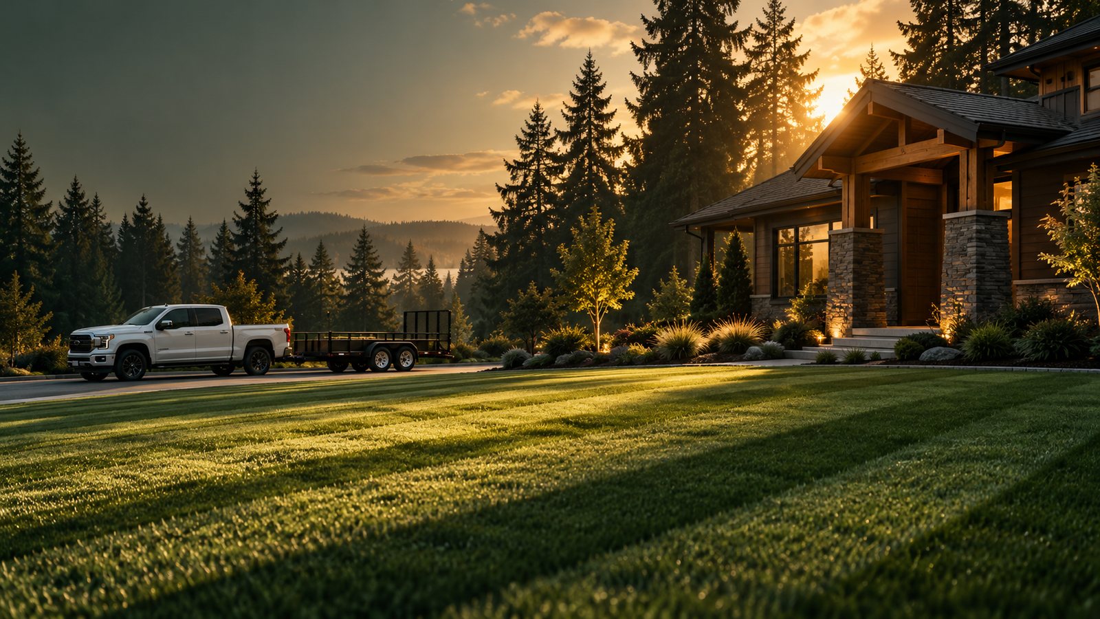 A freshly striped lawn in front of a craftsman home at golden hour, with a work truck and empty landscaping trailer at the curb