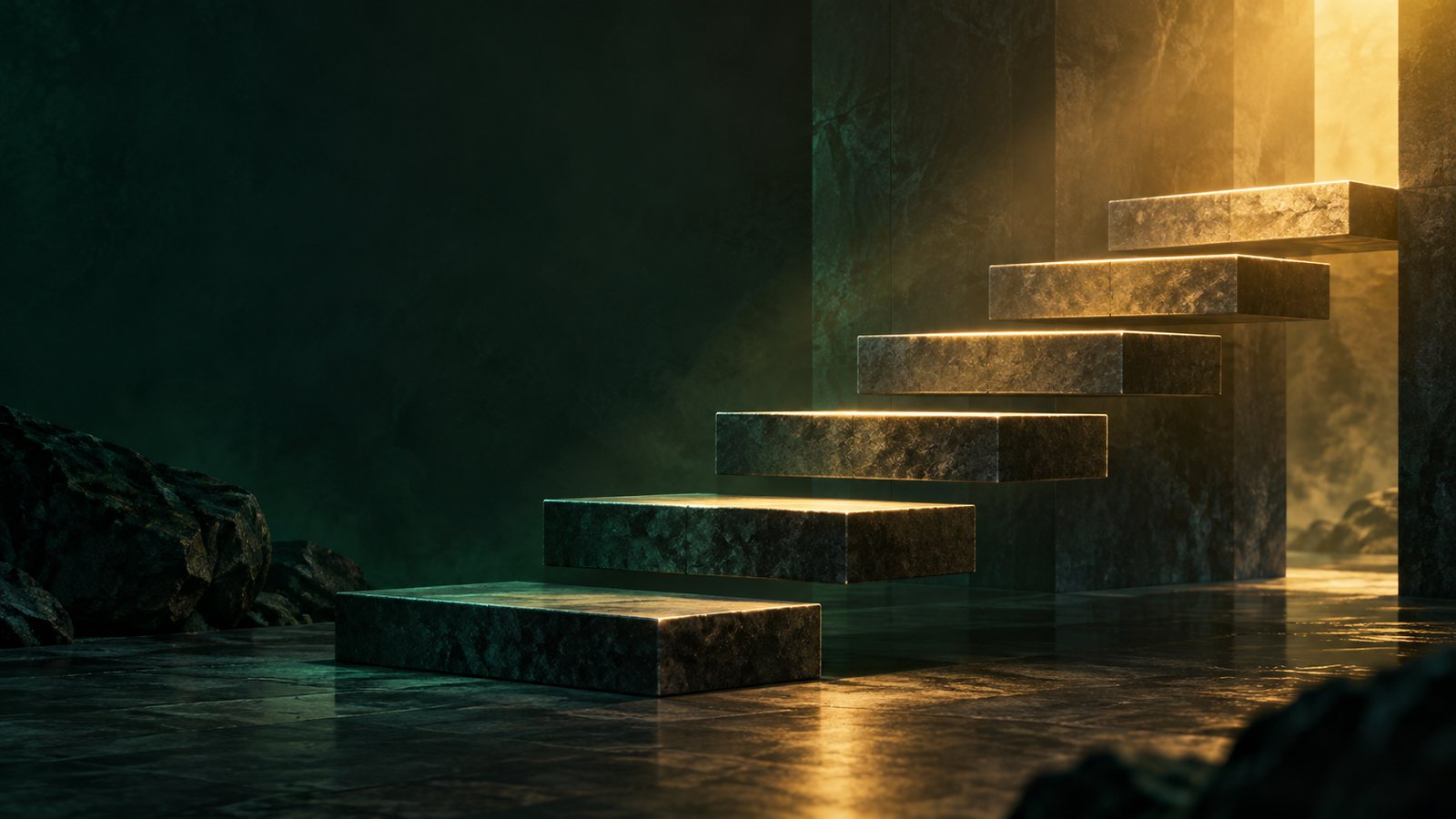 Six stone steps rising out of shadow into warm light — start free, climb one tier at a time