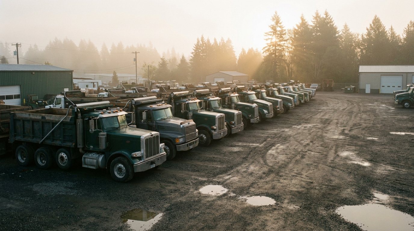 A fleet of dump trucks lined up at a Pacific Northwest yard at dawn