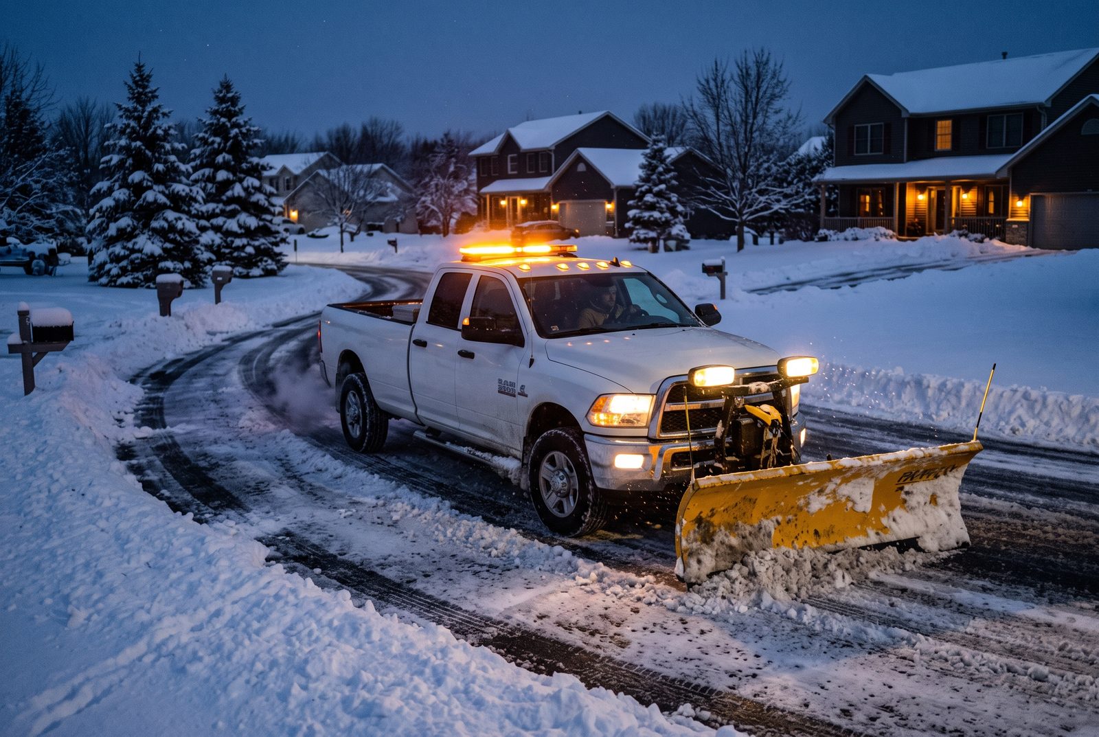 Snow plowing at dawn